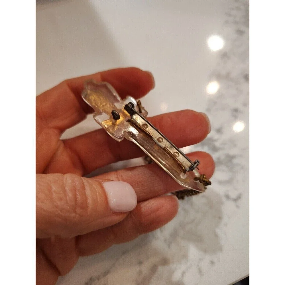 Vintage Intricate Bakelite Gold toned  Sword Pin Brooch with Dangle link chain